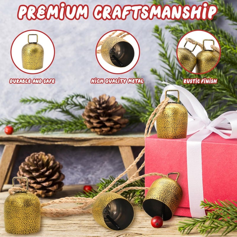 SUNYEAH Christmas Bells for Decoration, Gold Metal Vintage Cow Bells with Jute Hanging Rope, Decorative Cow Bell for Weddings, Parties, Christmas Wreath - Image 3